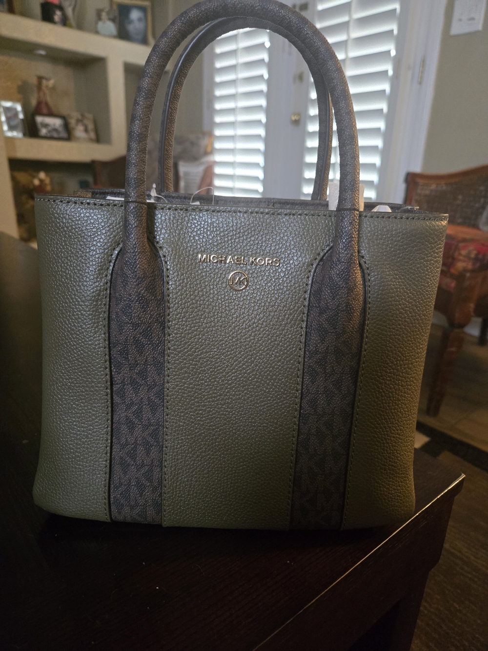 Michael Kors Olive Green & Brown Signature Panel Satchel